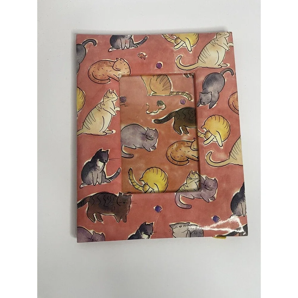 Vintage Cat Print Cartoon Cardboard Coral Red Photo Frame Holds 4